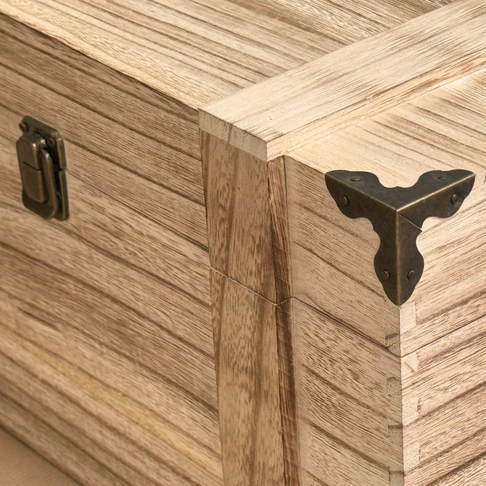 Wooden furniture corner with metal bracket and latch