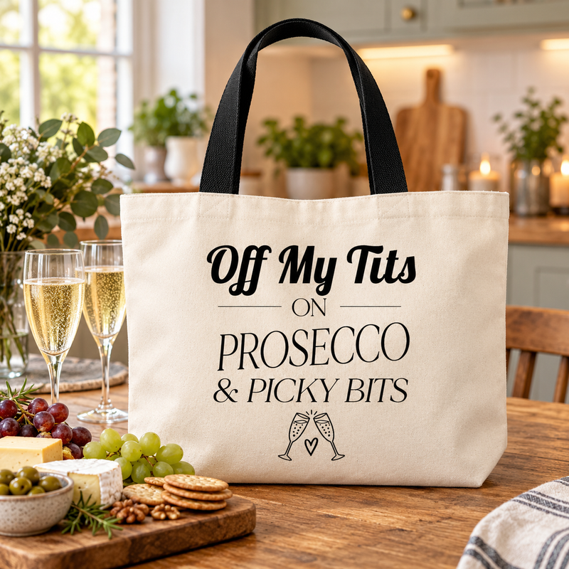 Off My Tits on Prosecco & Picky Bits Tote Bag – Funny Shopping Bag