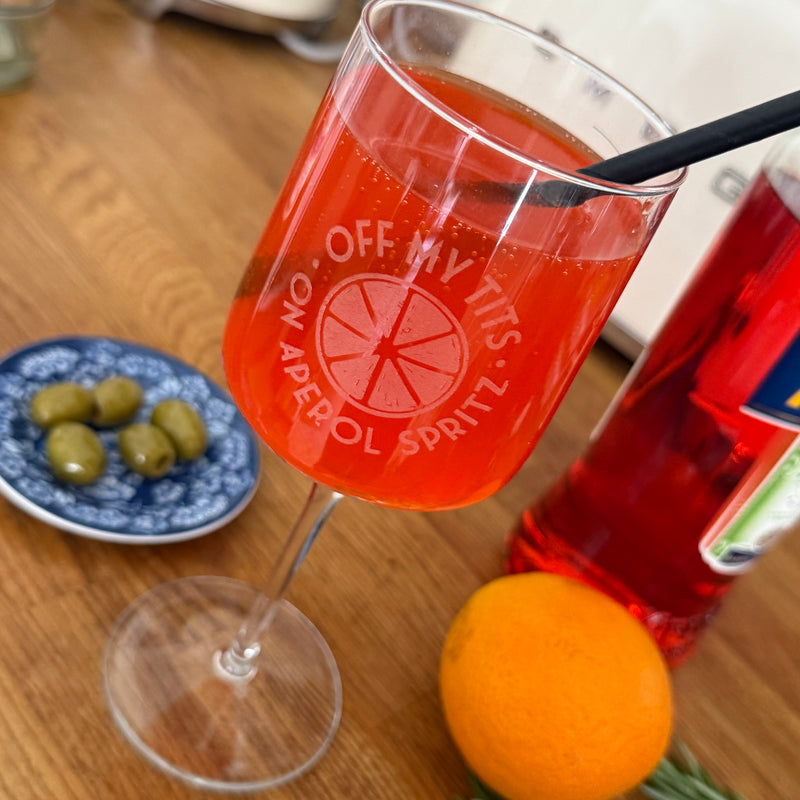 Off My Tits On Aperol Spritz Etched Glass – Funny Aperol Gift, Summer Cocktail Glass, Girls Night Out Glassware, Party Glass
