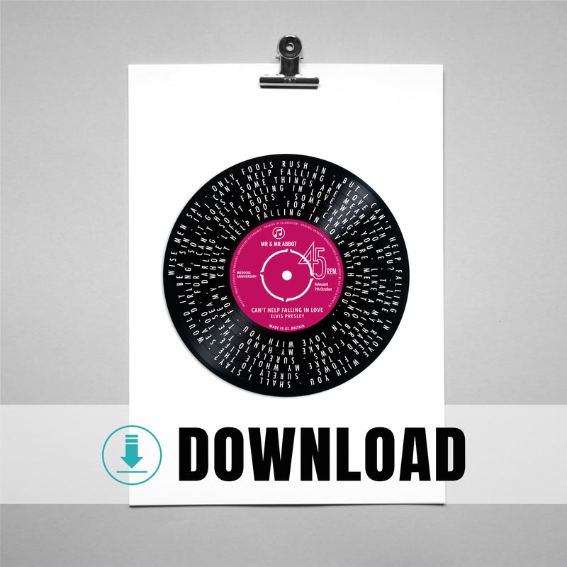 Personalised 45 RPM Vinyl Record Lyrics Print – Custom Song Words Wall Art- Digital  download
