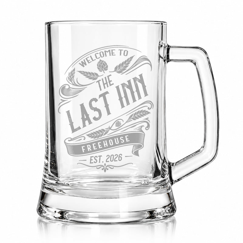 Personalised Glass Beer Tankard – Engraved Vintage Pub Design