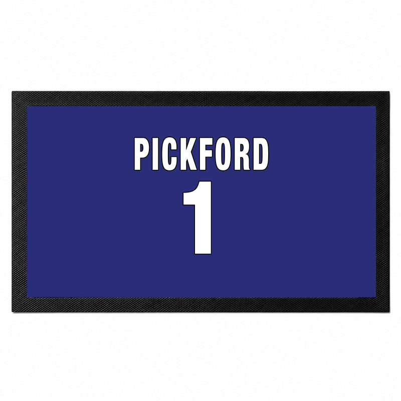 Personalised royal blue football bar mat with custom name and shirt number