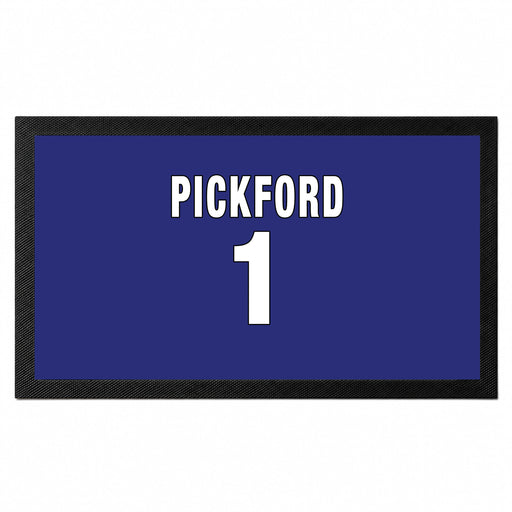 Personalised royal blue football bar mat with custom name and shirt number