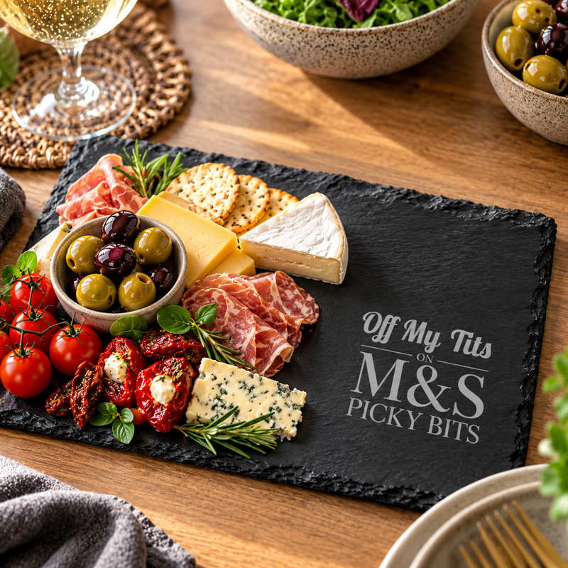 Off My Tits on M&S Picky Bits Engraved Slate Placemat – 30 × 20cm