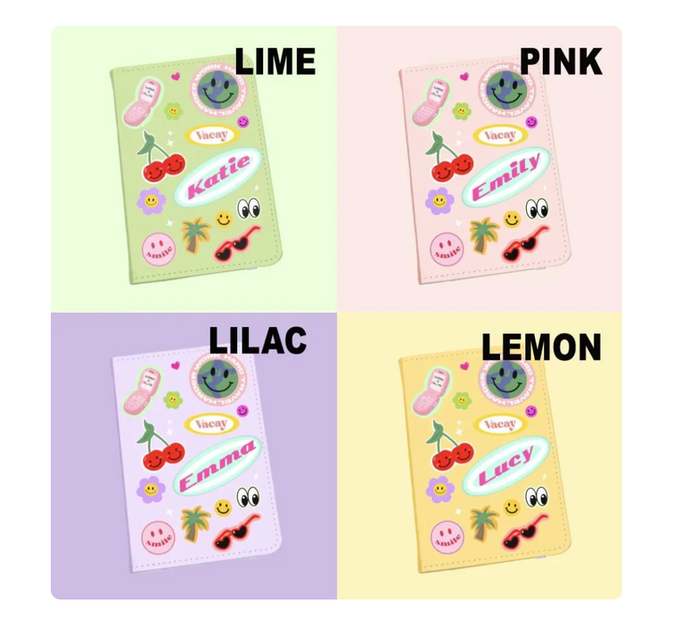 Four colourful personalised passport holders shown in different pastel shades — Lime, Pink, Lilac, and Lemon. Each design features a mix of cheerful sticker-style graphics such as cherries, smiley faces, sunglasses, a palm tree, and a retro flip phone, along with a name printed in bold script.