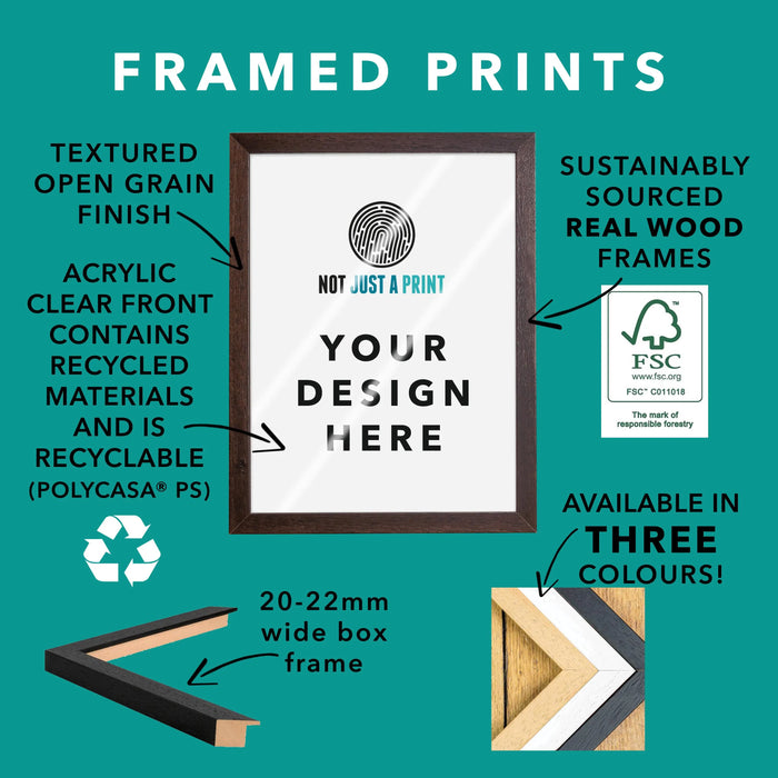 Framed print with sustainability features and design customization options on a teal background.