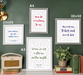 Framed prints with romantic text on a wall with books and a radio.