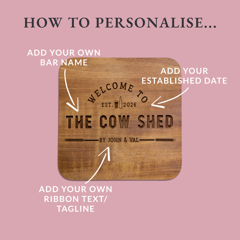 Personalised Rustic Home Bar Coasters – Wood Effect Pub Design – Set of 4