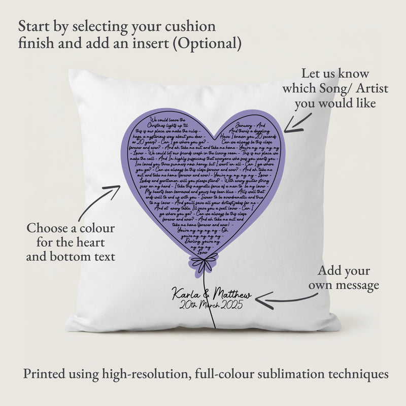Personalised Heart Balloon Song Lyrics Cushion – Custom Love Song Gift