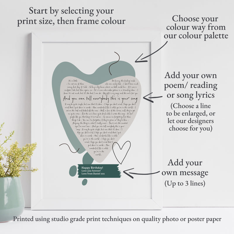 Song Lyrics Personalised Contemporary Abstract Design Heart Print