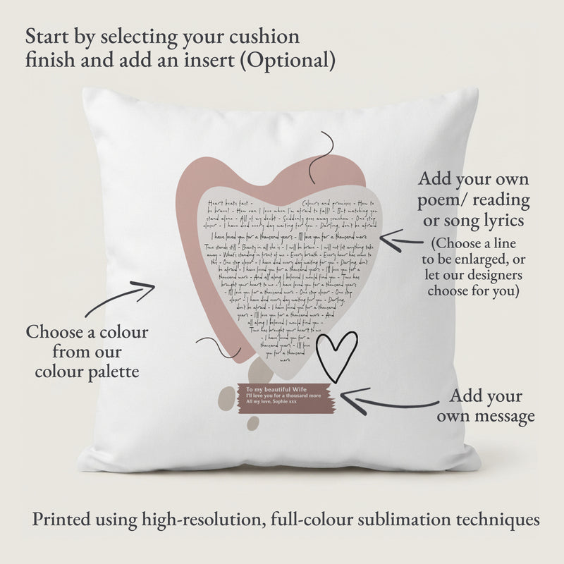 Layered Heart Song Lyric Cushion Cover (Personalised Text + Colours)