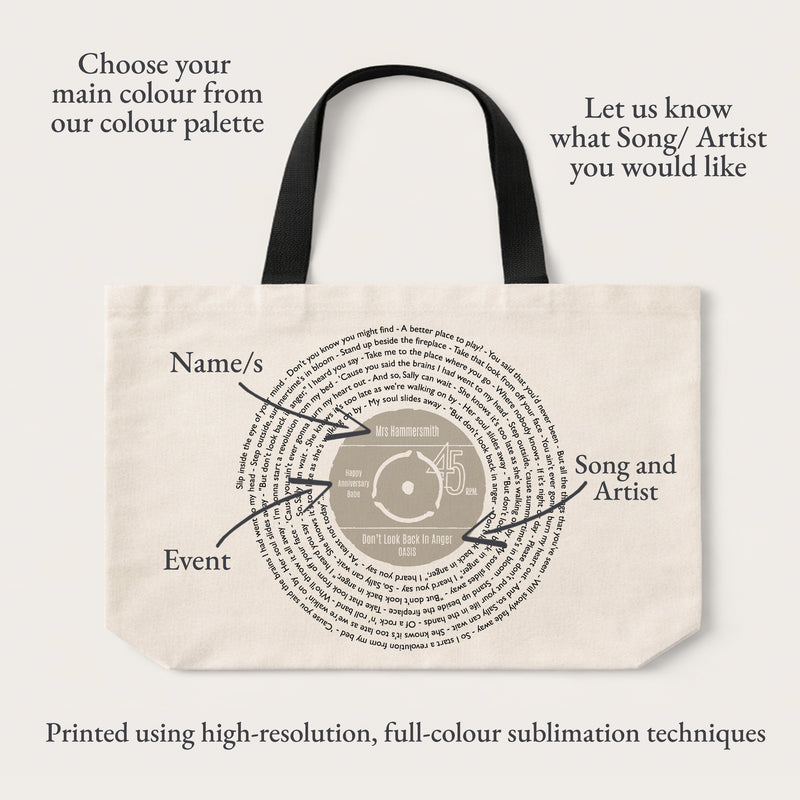 Personalised Vinyl Record Tote Bag – Custom Song Lyrics Bag – Original Vinyl Design