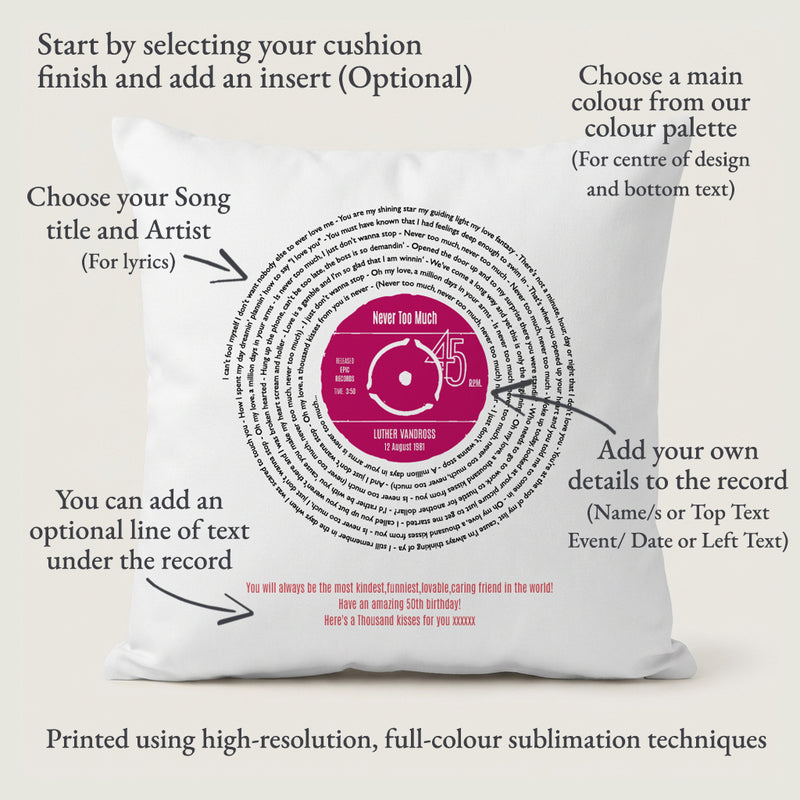 Personalised Original Vinyl Song Lyrics Cushion – Custom Music Gift