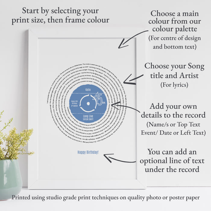 Personalised Original Style Record Song Lyrics Print