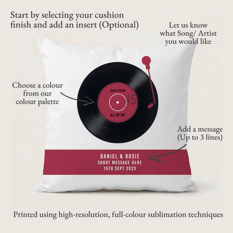 Personalised Vinyl Record Cushion – Custom Song & Message Gift