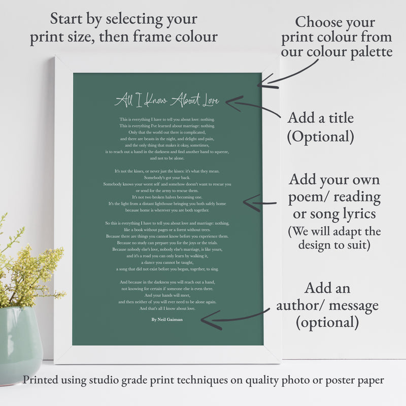 Personalised Poem Print – Custom Lyrics, Wedding Vows or Speech Print (18 Colours, 5 Sizes)