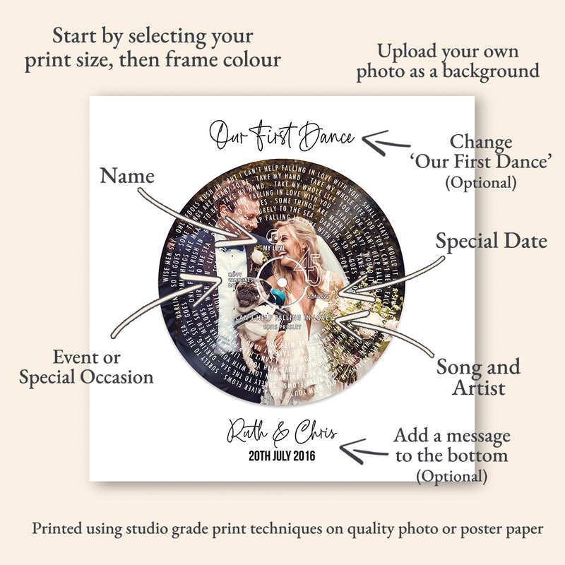 Personalised First Dance Vinyl Print with Photo, Wedding Song Record Style