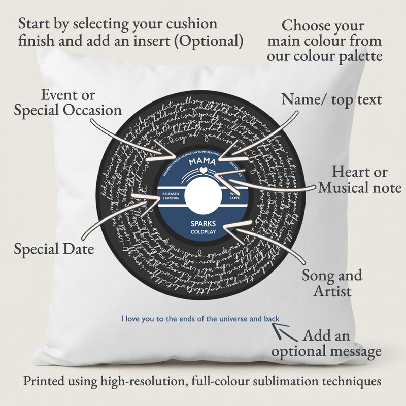 Personalised Vinyl Record Song Lyric Cushion Cover (2nd Anniversary Gift)