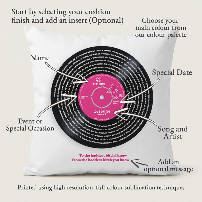 Personalised Vinyl Record Lyrics Cushion – Custom Song Gift