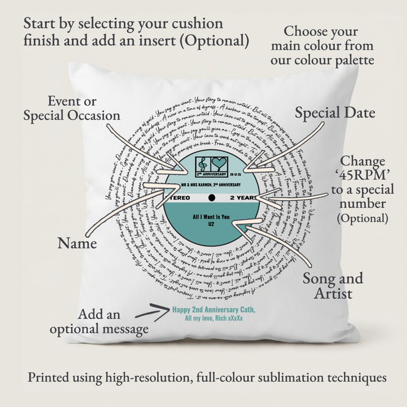 Personalised Script Lyrics Vinyl Cushion – Custom Anniversary Song Gift