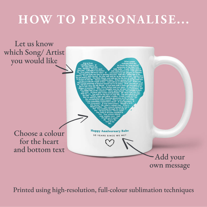 Personalised Song Lyrics Heart Mug – Custom Anniversary Gift