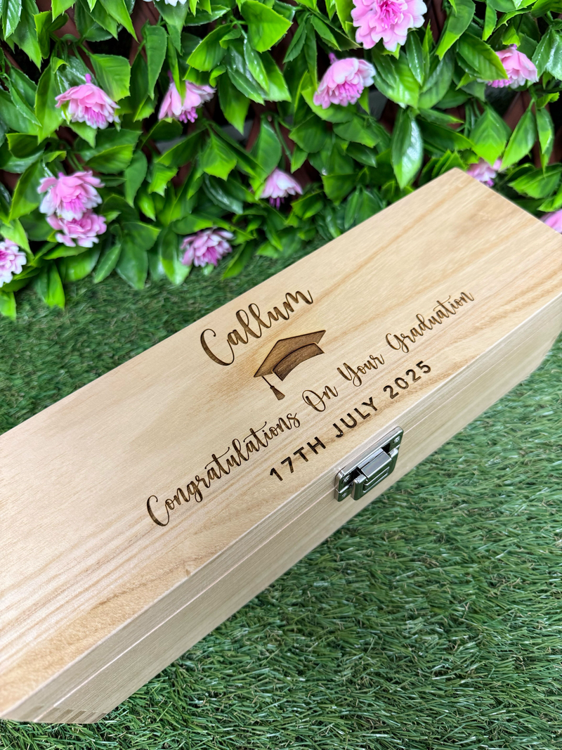 Personalised Graduation Champagne Box | Custom Engraved Wooden Wine Box | Keepsake Gift for Graduates | Class of 2025 Memory Box