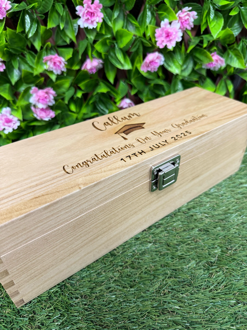 Personalised Graduation Champagne Box | Custom Engraved Wooden Wine Box | Keepsake Gift for Graduates | Class of 2025 Memory Box