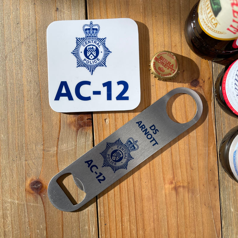 Personalised Line of Duty Bottle Opener & AC12 Coaster Set | Novelty Police Barblade Fan Gift