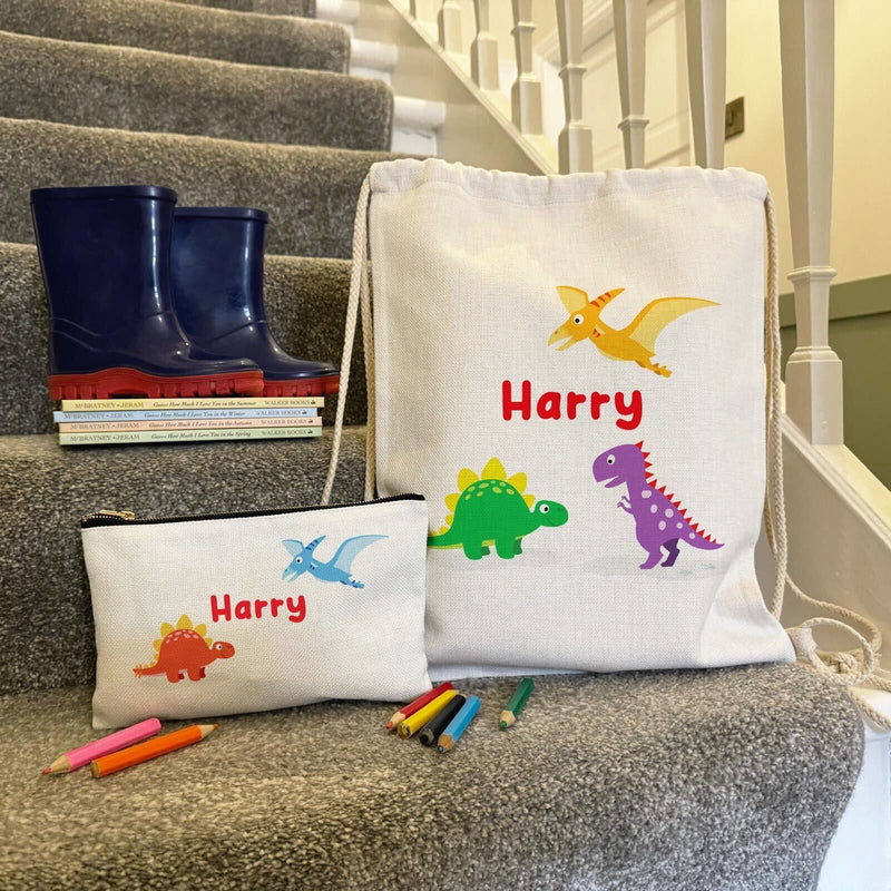 Personalised Dinosaur Drawstring Bag & Zip Pouch Pencil Case Set