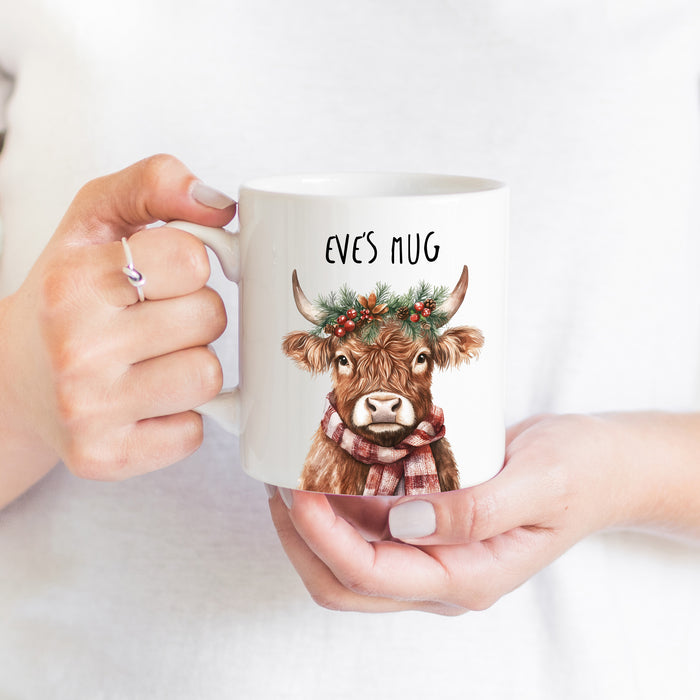 Personalised Highland Cow Christmas Mug optional Coaster