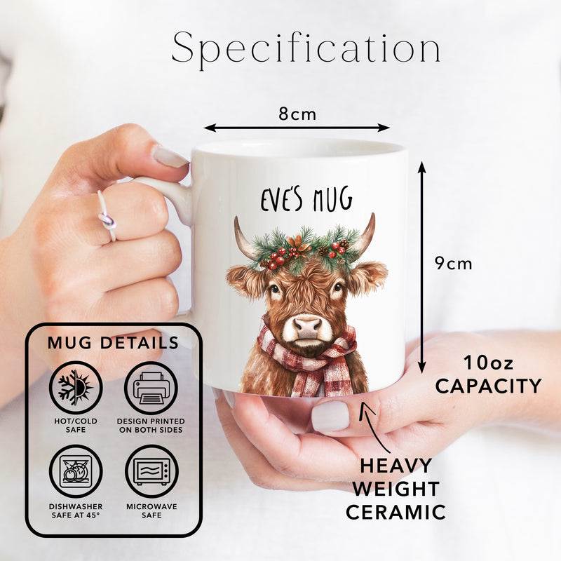 Personalised Highland Cow Christmas Mug optional Coaster