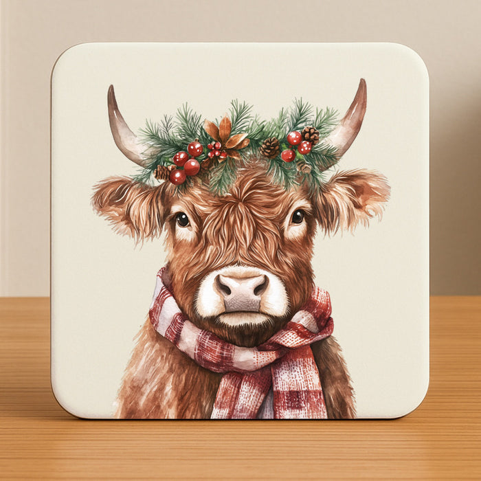 Personalised Highland Cow Christmas Mug optional Coaster
