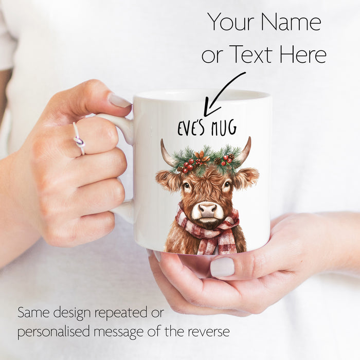 Personalised Highland Cow Christmas Mug optional Coaster