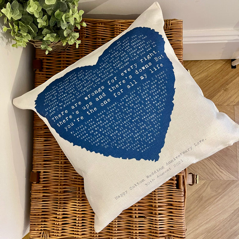 Personalised Heart Song Lyric Cushion Cover (2nd Cotton Anniversary Gift)
