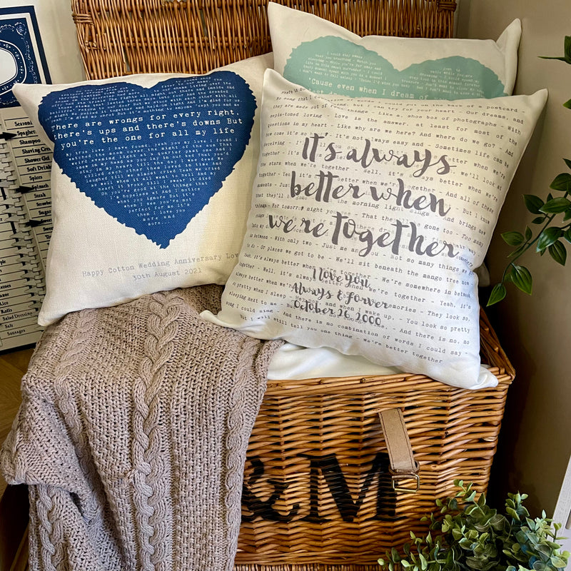 Personalised Heart Song Lyric Cushion Cover (2nd Cotton Anniversary Gift)