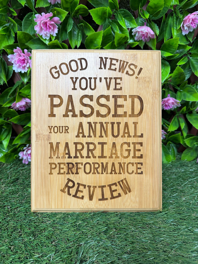 Engraved Wooden Plaque – Funny 5th Anniversary Gift – Marriage Performance Review – Personalised Bamboo Sign – Husband Wife Gift
