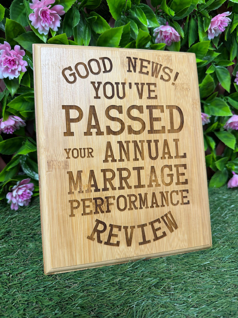 Engraved Wooden Plaque – Funny 5th Anniversary Gift – Marriage Performance Review – Personalised Bamboo Sign – Husband Wife Gift