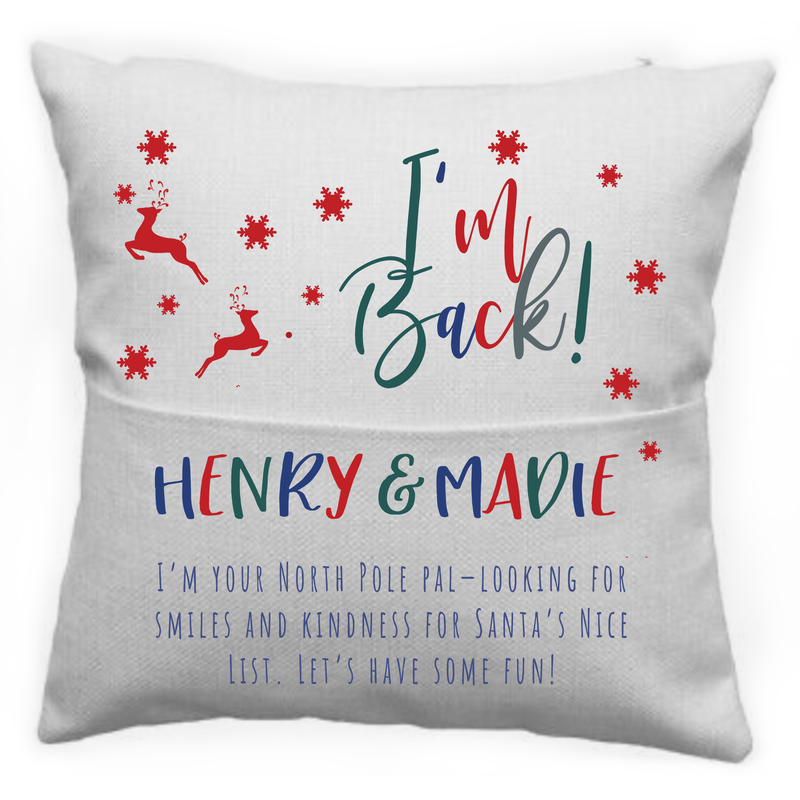 Personalised “I’m Back!” Christmas Elf Cushion