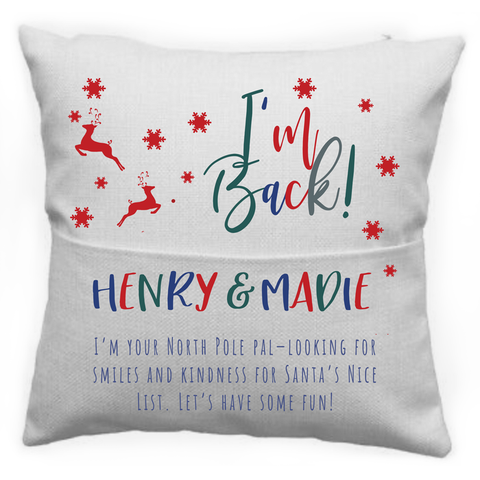 Personalised “I’m Back!” Christmas Elf Cushion