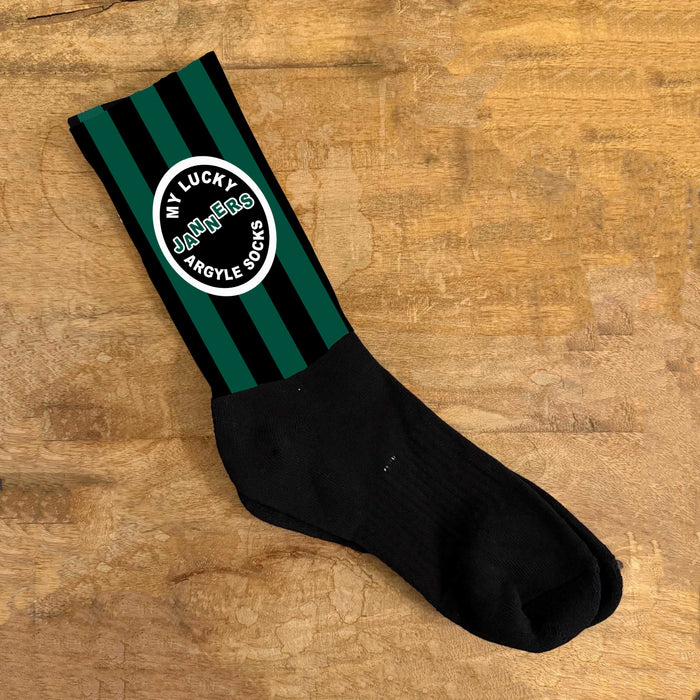 Lucky Janners Argyle Socks – Fun Football Gift for Fans, Novelty Black & Green Striped Supporter Socks, Plymouth Fan Present