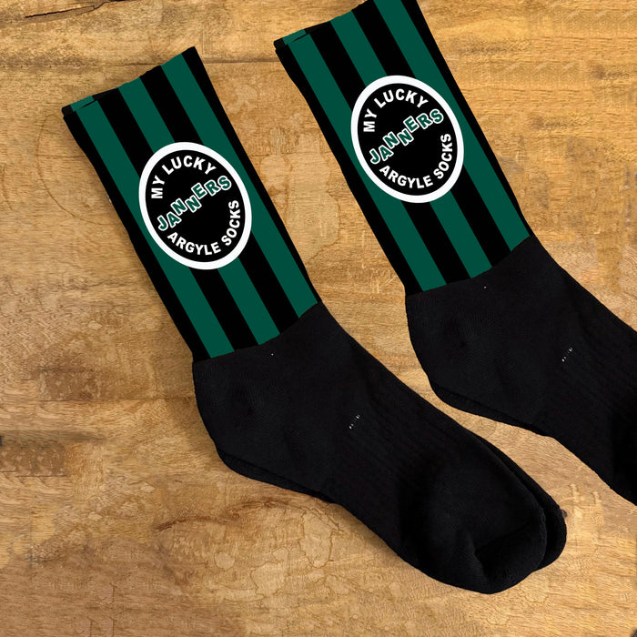 Lucky Janners Argyle Socks – Fun Football Gift for Fans, Novelty Black & Green Striped Supporter Socks, Plymouth Fan Present