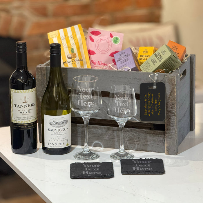 Personalised Wine Lovers Crate Set with engraved glasses, Tanners wines, snacks, and custom luggage tag