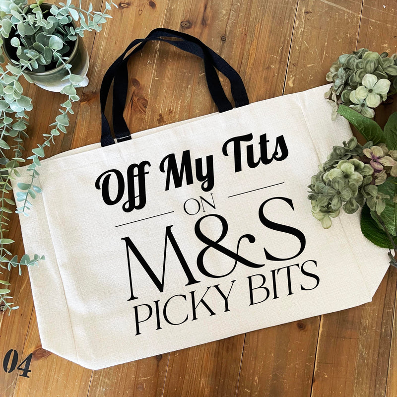 Off My Tits on M&S Picky Bits large cream tote bag with black handles