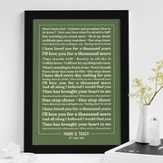 A green lyric print framed in black, standing on a white tabletop with a vase and a small plant beside it. The text is in cream-colored font and features the lyrics to “A Thousand Years” by Christina Perri. Prominent lines include “I’ll love you for a thousand years, I’ll love you for a thousand more.” The personalization at the bottom reads “MARK & TRACY – 27TH JULY 2019,” making it a timeless anniversary keepsake.