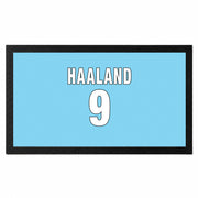 Personalised sky blue football bar mat with custom name and shirt number