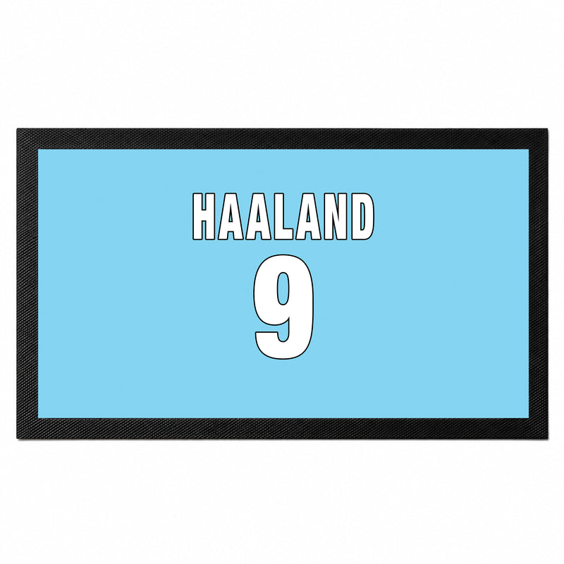 Personalised sky blue football bar mat with custom name and shirt number