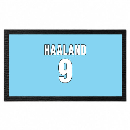 Personalised sky blue football bar mat with custom name and shirt number