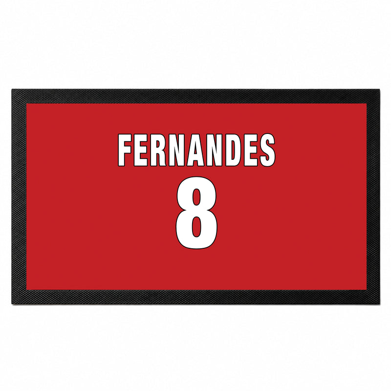Personalised red football bar mat with custom name and shirt number