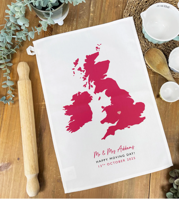 Flat lay of tea towel showing full personalised map design