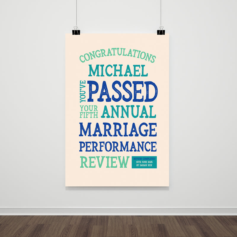 Personalised Funny Anniversary Print – Marriage Performance Review Wall Art – Framed or Unframed – Romantic Gift for Husband Wife Couple